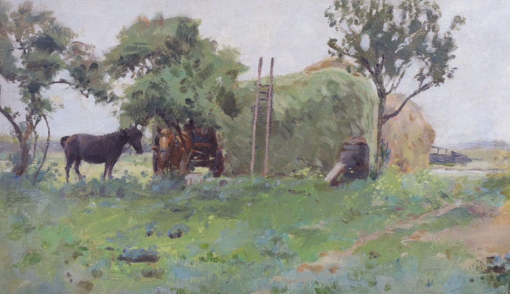 Percy Tarrant (1855-1934), oil on board, Horses beside a haystack, inscribed verso, 13 x 22cm